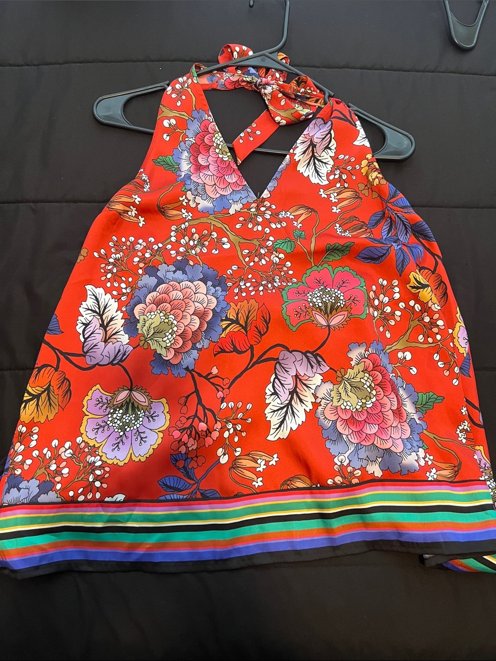 Express Red Floral Halter Top with Multicolor Striped Hem